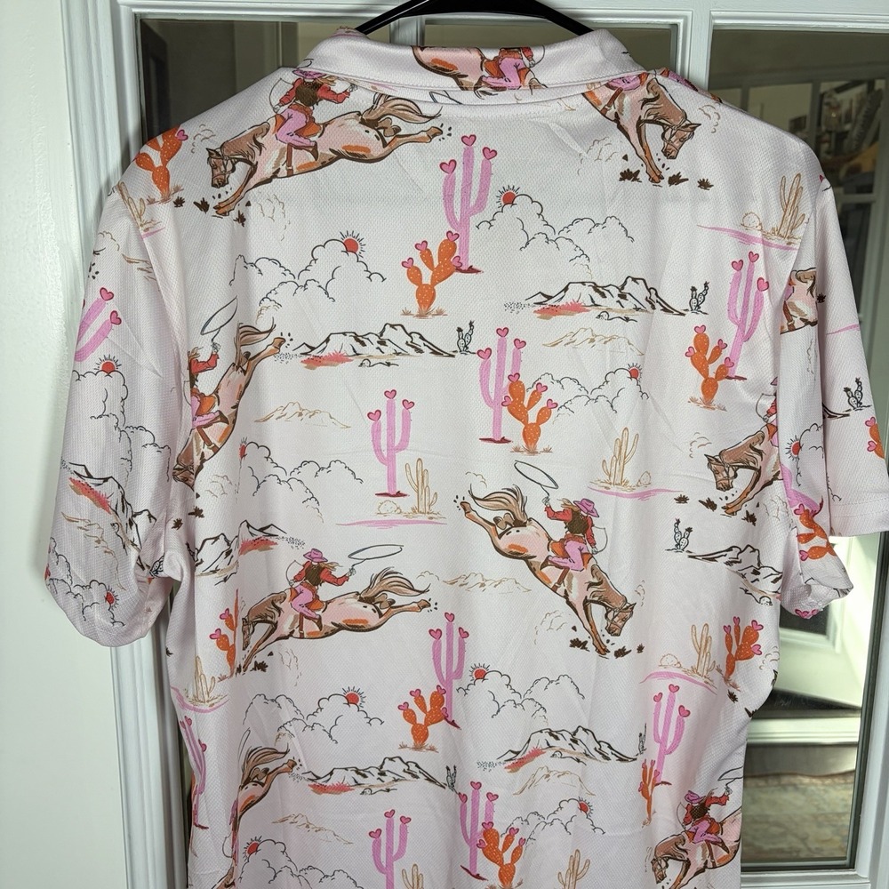 Hivichi Men's XL Western Cowgirl Print Polo Golf Shirt Pink - Picture 6 of 11